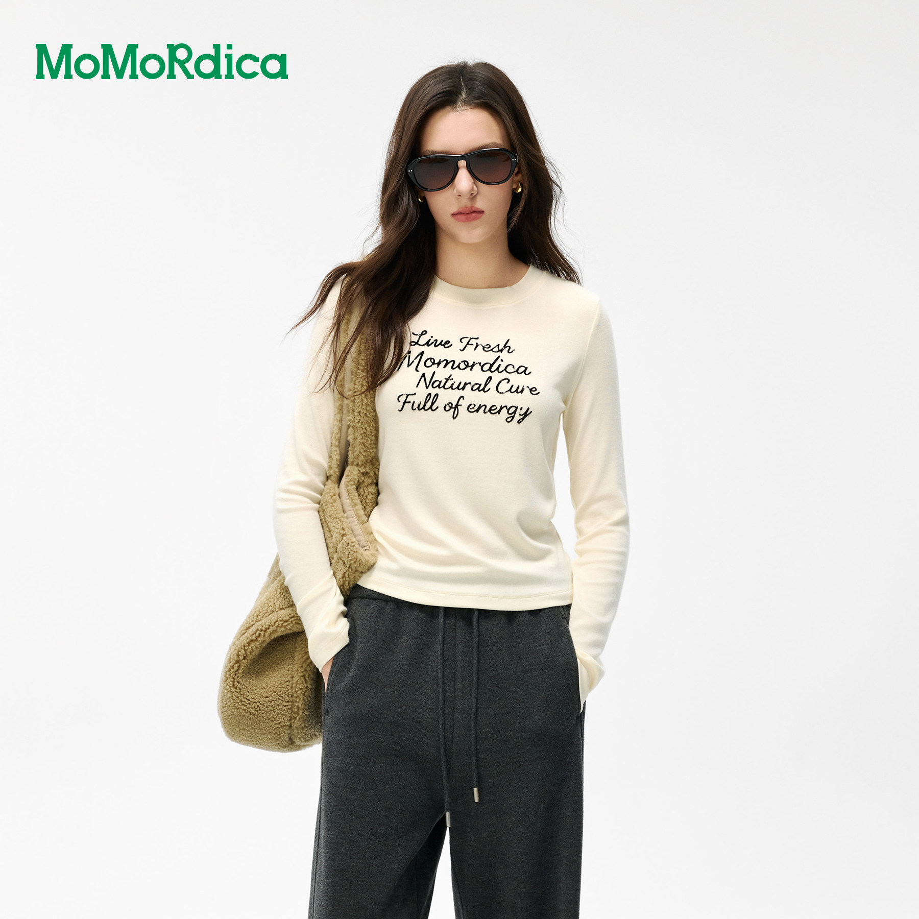 Momordica长袖T恤女秋季新款撞色字母印花长袖修身显瘦百搭上衣女