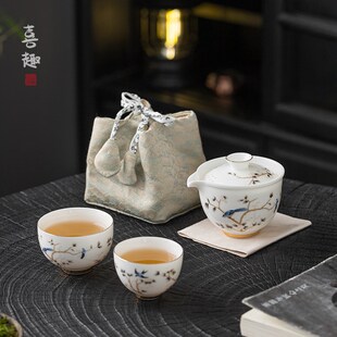 旅行茶具套装 喜趣手绘萱草莺飞羊脂玉瓷快客杯一壶两杯户外便携式