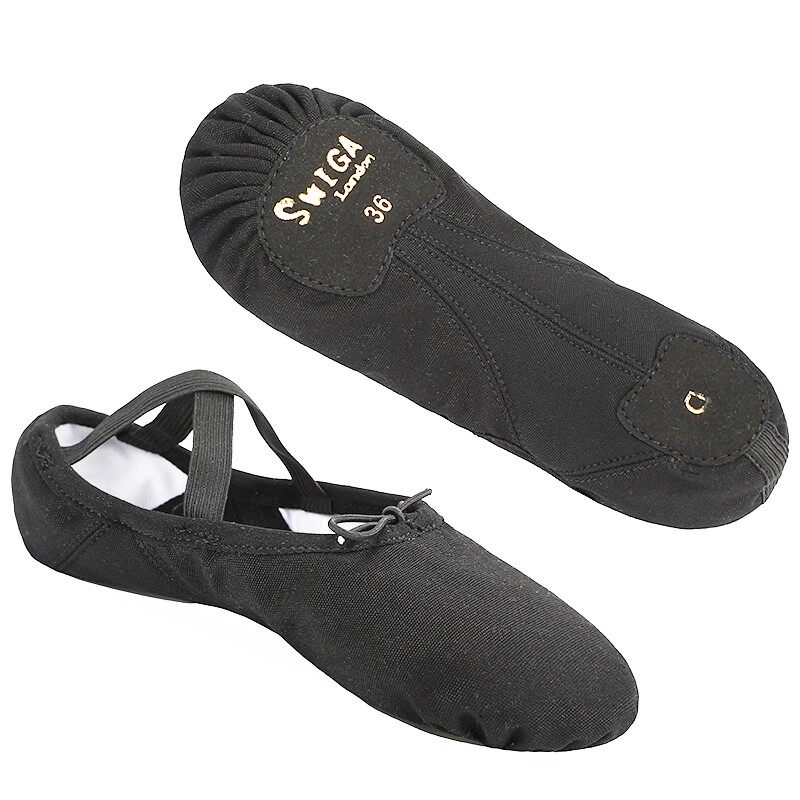 swiga黑色舞蹈鞋帆布儿童女棉微弹软底芭蕾鞋成人舞形体鞋系带款