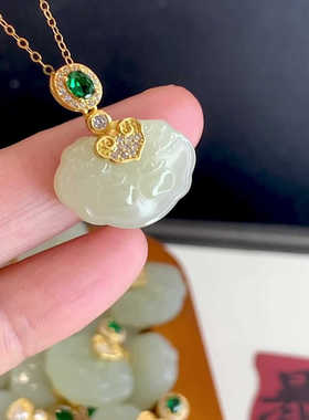 实拍天然和田玉事事如意锁吊坠925银镶真品和田玉挂饰