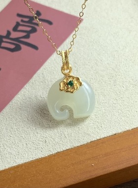 珠宝实拍天然和田玉山料晴水玉象吊坠925银O字链纯银百搭吊坠