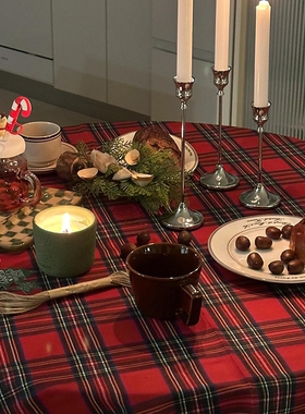 ins风圣诞桌布复古红色格子餐桌布圆桌盖布圣诞节氛围感拍照背景