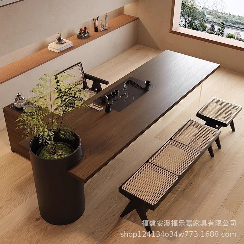 创意实木茶桌可种花树老板办公室设计师茶室茶台办公桌带茶盘一体