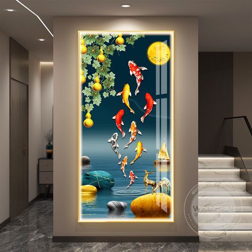 轻奢led带灯九鱼图入户玄关装饰画走廊过道挂画简约现代高端壁画