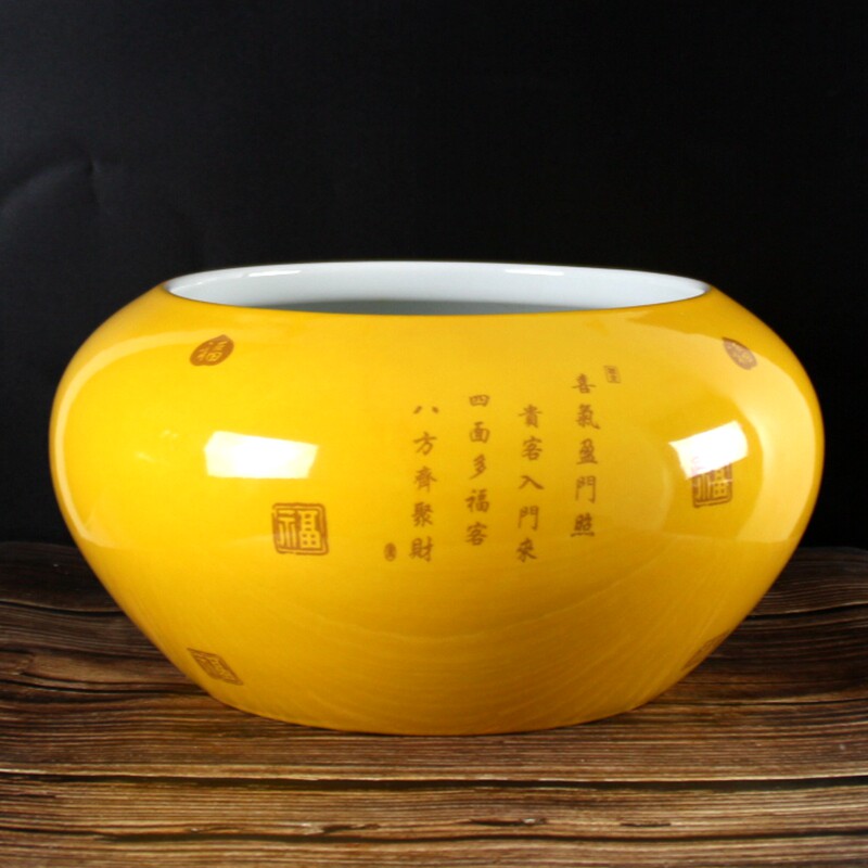 景德镇聚宝盆摆件无孔水培铜钱草招财金色黄色水仙花盆陶瓷大号