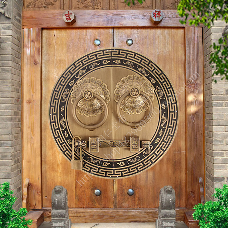 中式纯铜大门把手加粗铜门环门把手圆形仿古复古木门门锁插销门栓