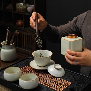 陶瓷茶壶茶杯套装 黄汝窑宿舍茶具个人专用办公室中式 家用一套茶盘