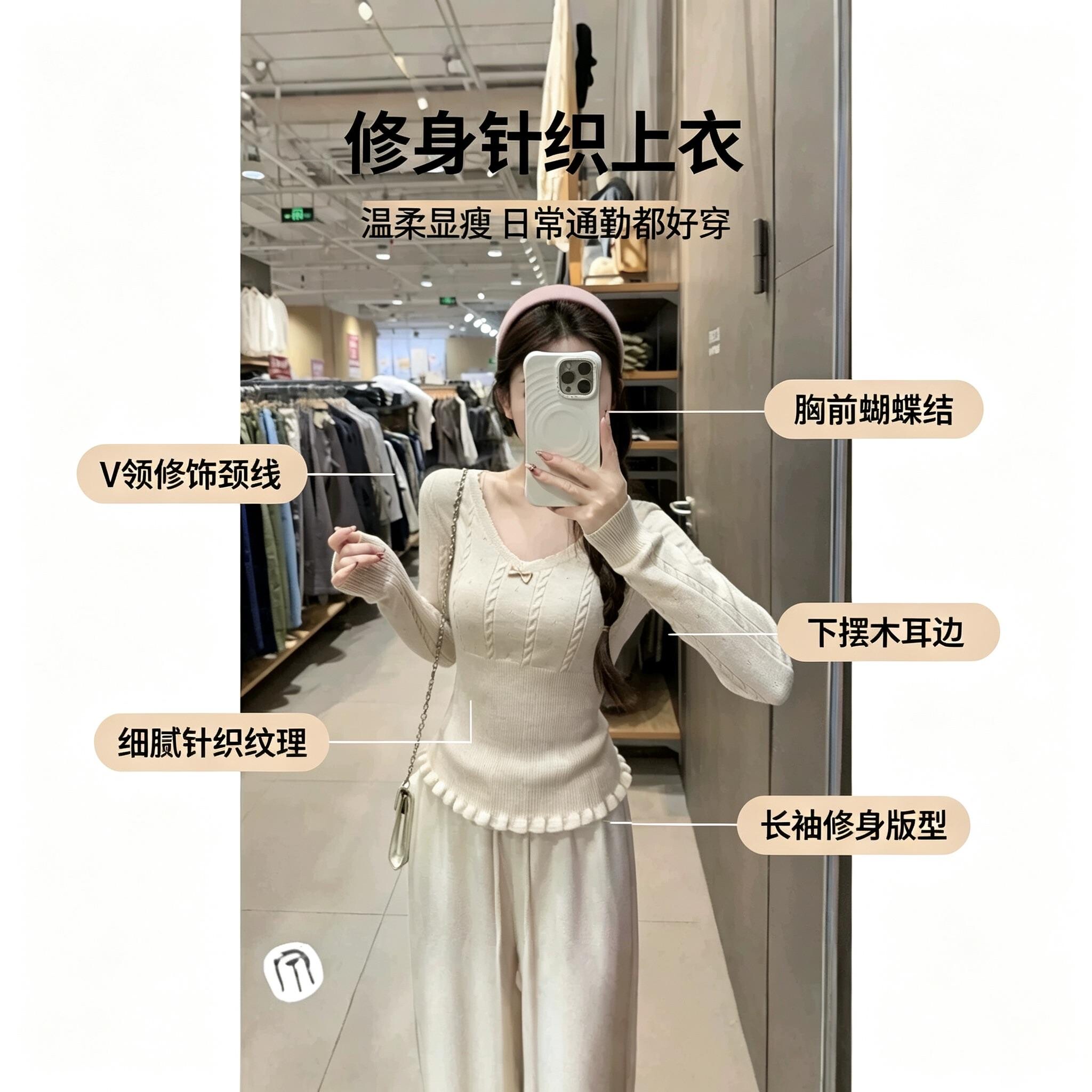 千金风V领木耳边显瘦针织衫女