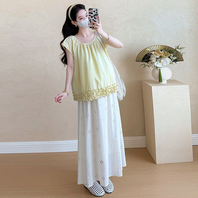 新品孕妇夏装套装外穿时尚款小个子孕G妇装宽松上衣半身裙怀孕期