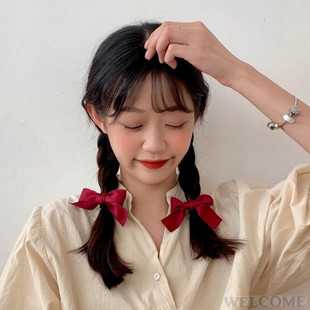 极速Vintage satin bow hair pin sweetG joker ribbon hair ring