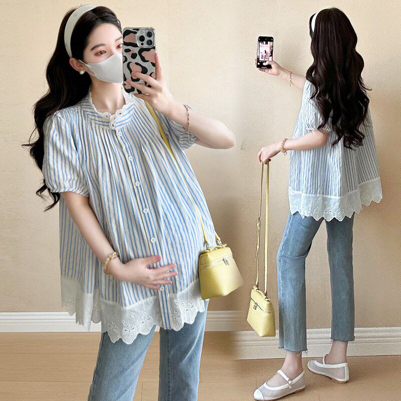 新品孕妇夏装上衣女小个子孕妇装B短袖条纹小众衬衫宽松时尚娃娃