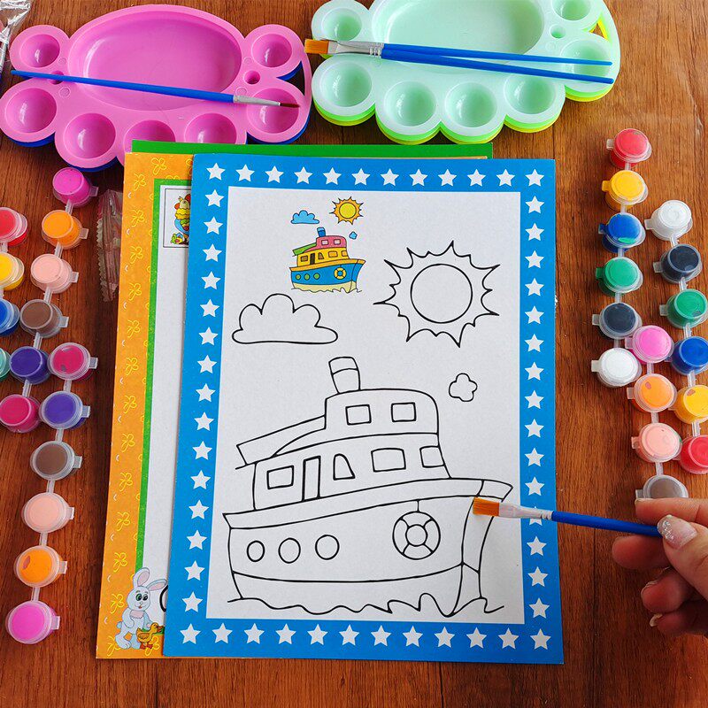 极速儿童填色水i彩画颜料画涂鸦画油画套装diy手工幼儿园画画 涂