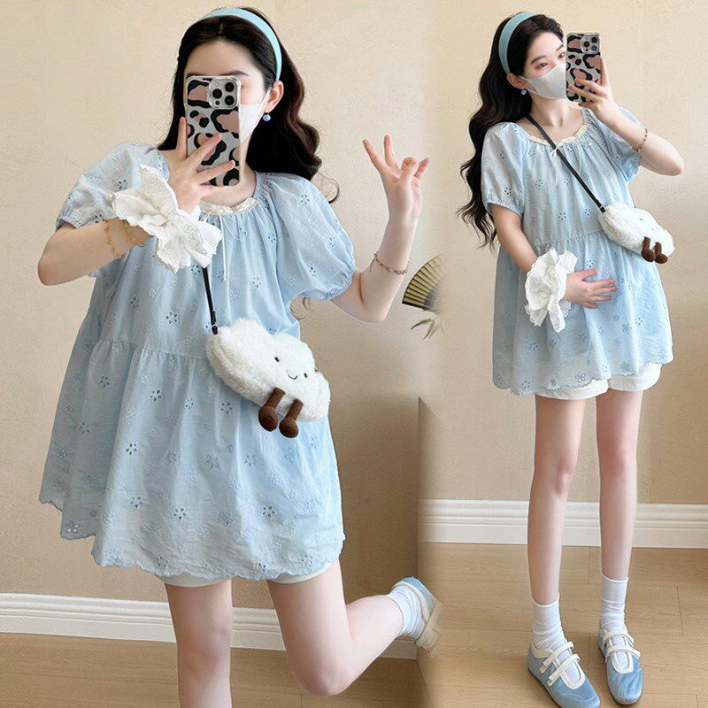 新品孕妇夏装套装洋气小个子孕A妇装宽松娃娃衫高腰托腹短裤外出