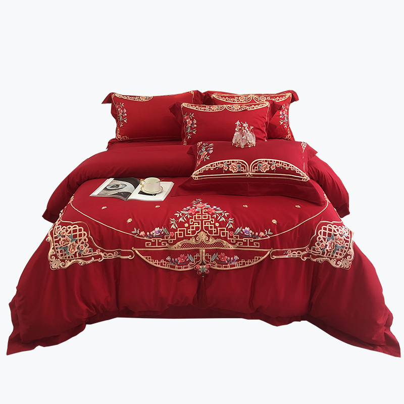 极速高端100支长绒棉中式刺绣婚庆结婚J床上用品四件套大红色纯棉