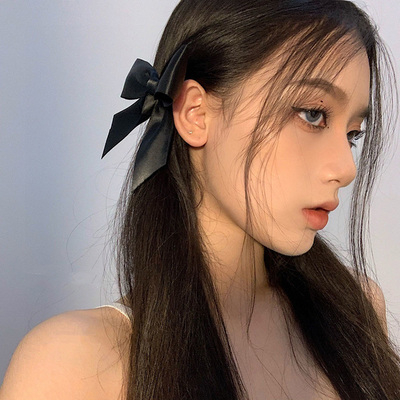 极速2pcs Blacik White Ribbon Hair Bows Clips Vintage Bowknot