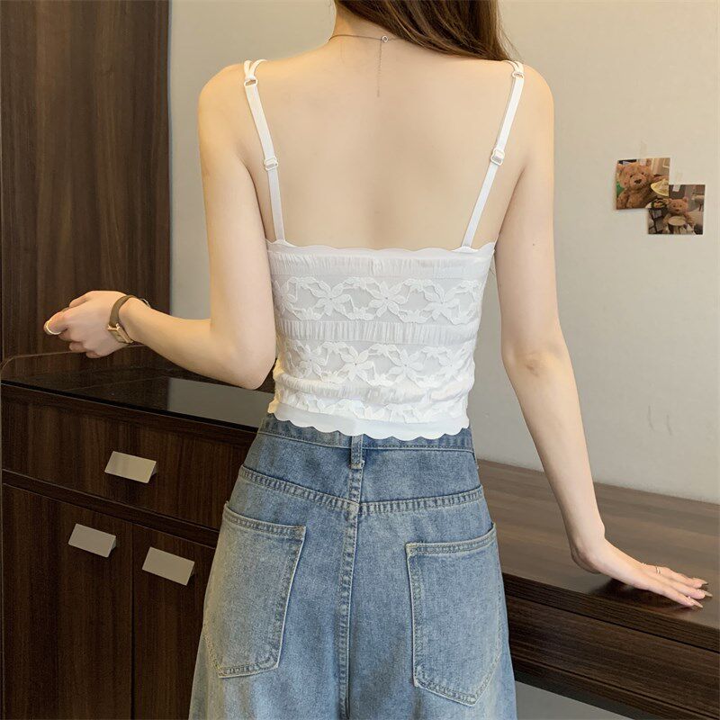 新品女夏季新款蕾k丝美背带胸垫一体吊带背心胖mm大码内搭纯欲短