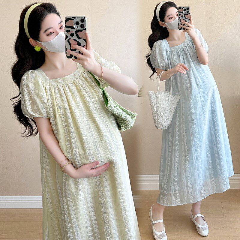 新品孕妇夏装连衣裙孕期穿搭新款洋气孕妇装N法式设计感方领雪纺