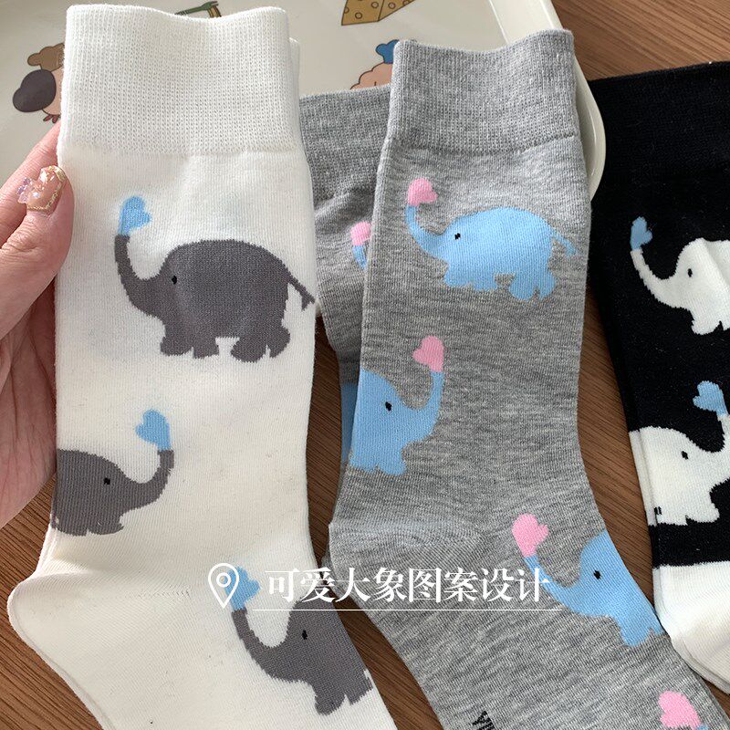 新品可爱卡通袜子k女秋冬纯棉中筒袜搞怪大象小众设计感白色ins潮