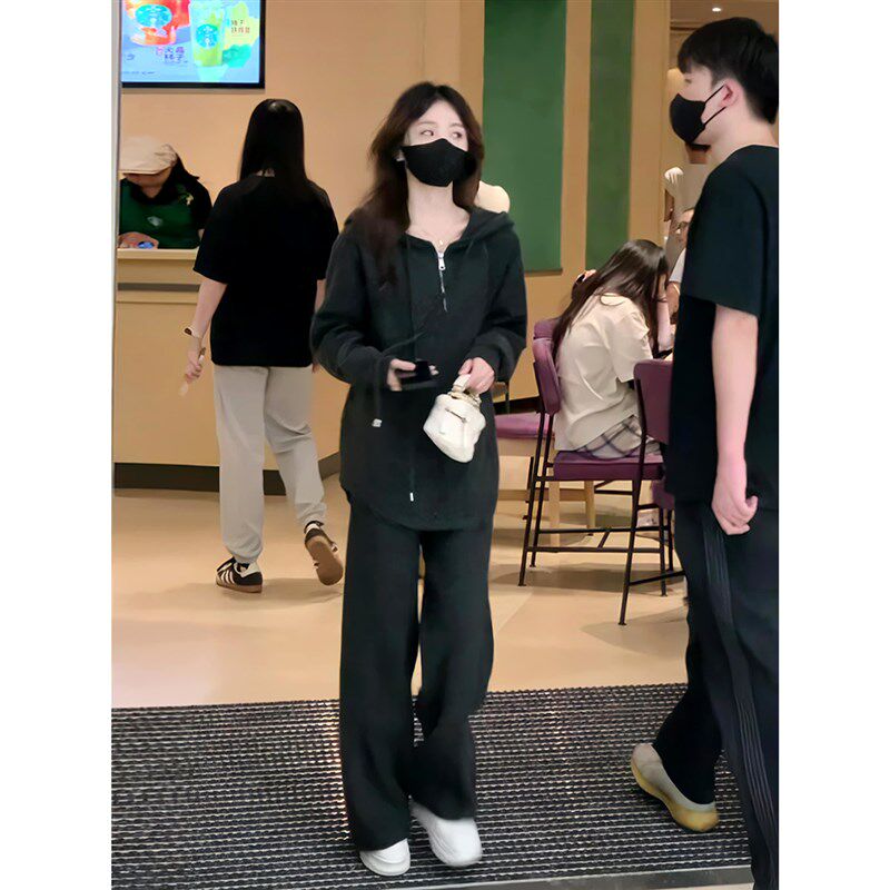 新品时尚针织开衫套装女早春新款连帽套头L卫衣阔腿休闲裤小个子
