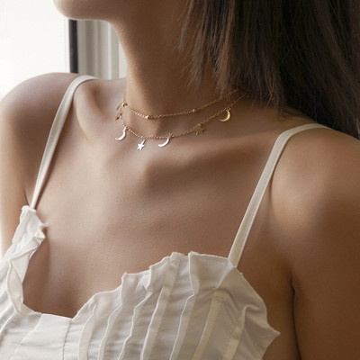 极速Star & Moon Pendant Clavicle Necklace Double ULayers Bea