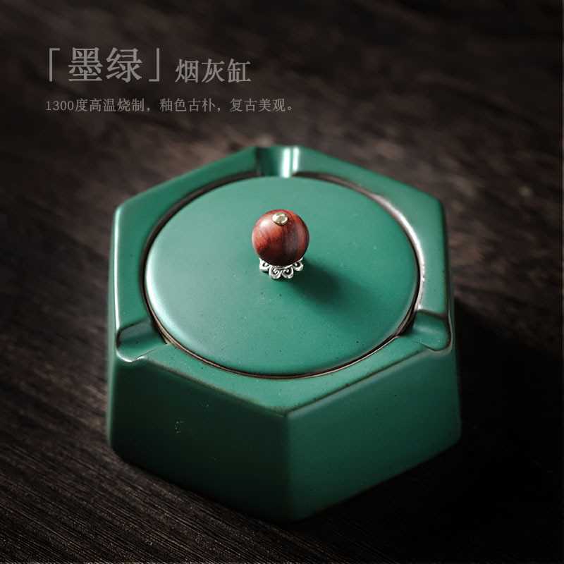 遇素 复古中式粗陶烟灰缸创意陶瓷带盖家用客厅办公室防飞灰烟缸