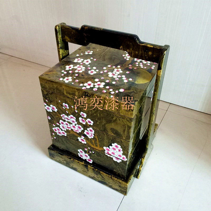 手工彩绘木质手提篮提盒多层食盒结婚礼金盒中国民俗节庆漆器食盒