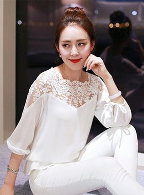 极速Casual Chiffon Long Sleeve Lace BHlack White Shirts Fash
