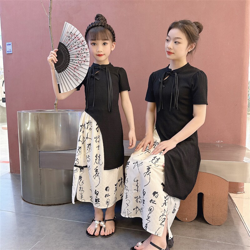 极速【亲子装】男女童妈妈母女装夏季G国潮风旗袍修身中式套裙套