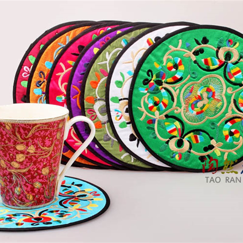 极速中式绣花杯垫吉祥婚庆花卉隔热垫鼠标垫苗绣R圆绣片绣品直径1