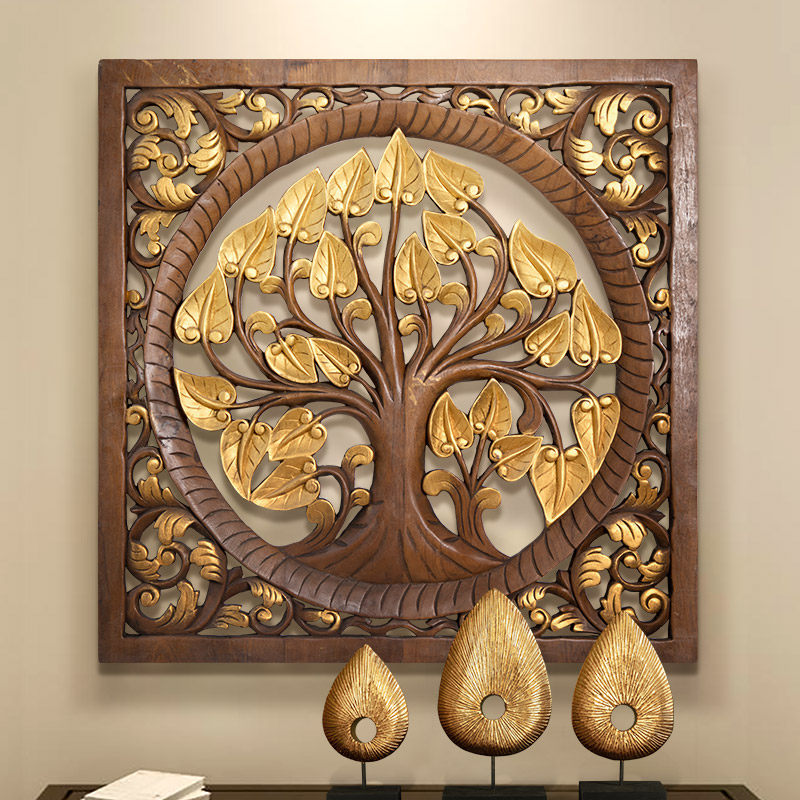 极速泰国木e雕菩提树墙面挂件泰式玄关壁挂东南亚背景墙软装饰品