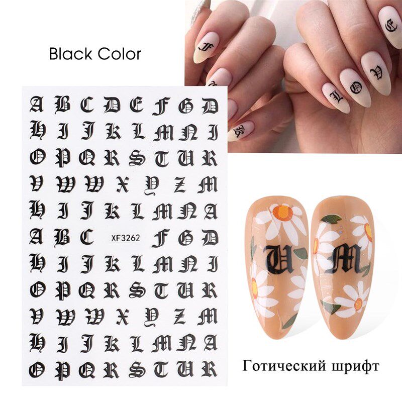 极速3D Nail Art Stickers Gothic Letter Black Gold CoWol Desi