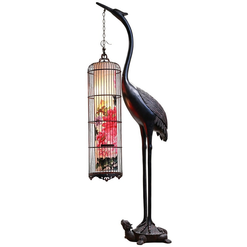 极速新中式落地灯客厅p书房酒店茶几铁艺鸟笼立式仙鹤灯中国风复