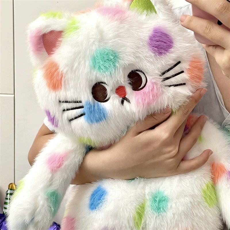 彩虹波点猫玩偶可爱猫咪抱枕柔软女生抱着S睡觉靠垫床头娃娃
