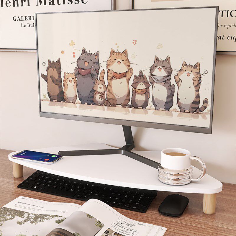 猫耳转角工位电脑显示器q增高架 有线电脑三角区拐角收纳可爱白色