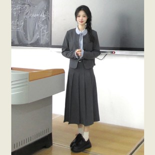 灰色西装套装女秋季新款小个子通勤面试正装休闲R西服百褶裙两件
