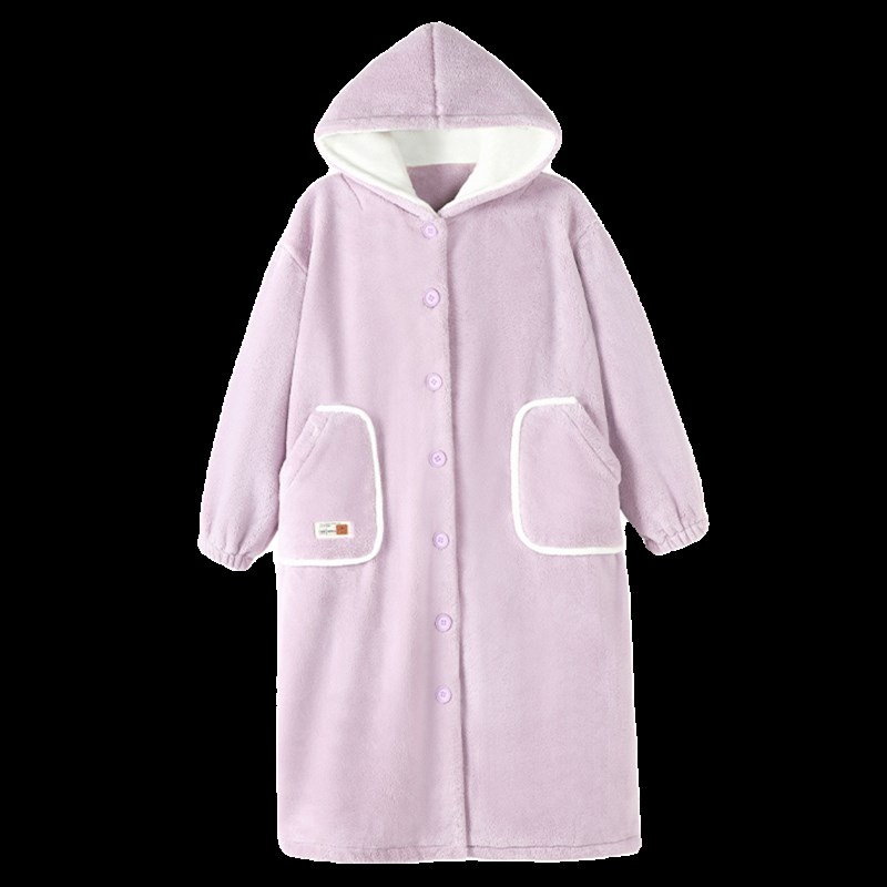 女式秋冬睡衣长珊瑚丝绒2024新的温暖和高端连帽睡衣家庭服装套装
