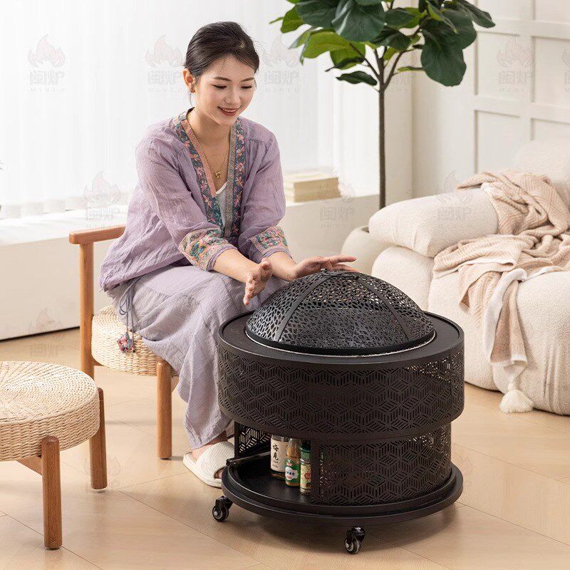 围炉煮茶烤火炉家用取暖炉庭院烧烤炉室内炭火盆碳炉可移动烧烤桌
