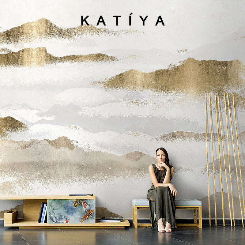 Katiya新中式墙布装饰电视背景墙金色轻奢高档别墅壁纸手绘定制画