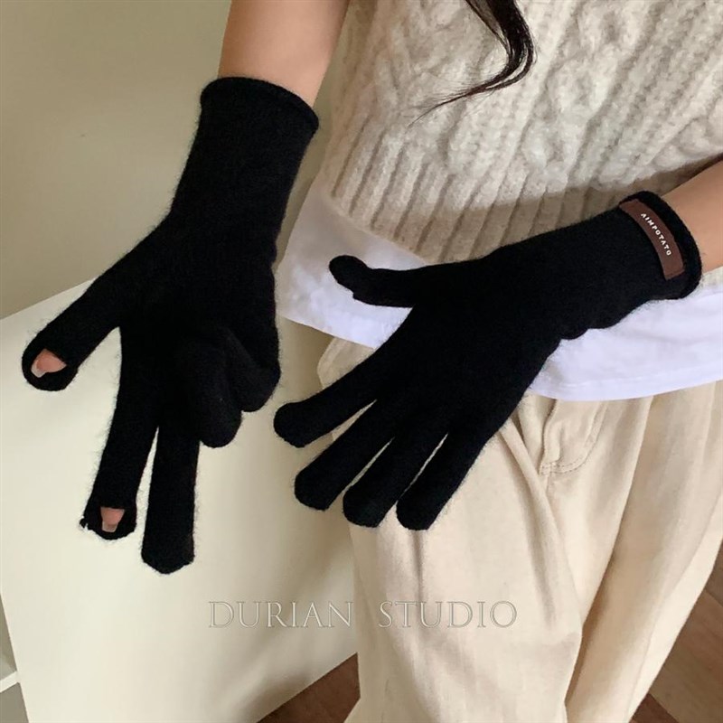 浣熊绒针织手套女冬季新款触屏加绒保暖加厚防寒分指韩版手套潮