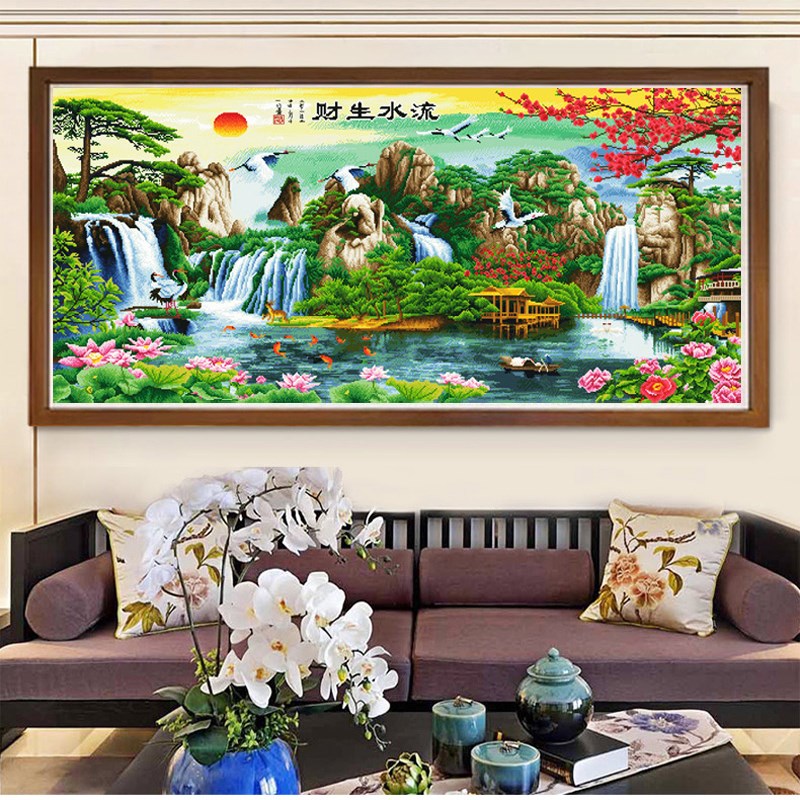 十字绣成品已绣好机绣新款客厅挂画大画 流水生财风景大画不带框