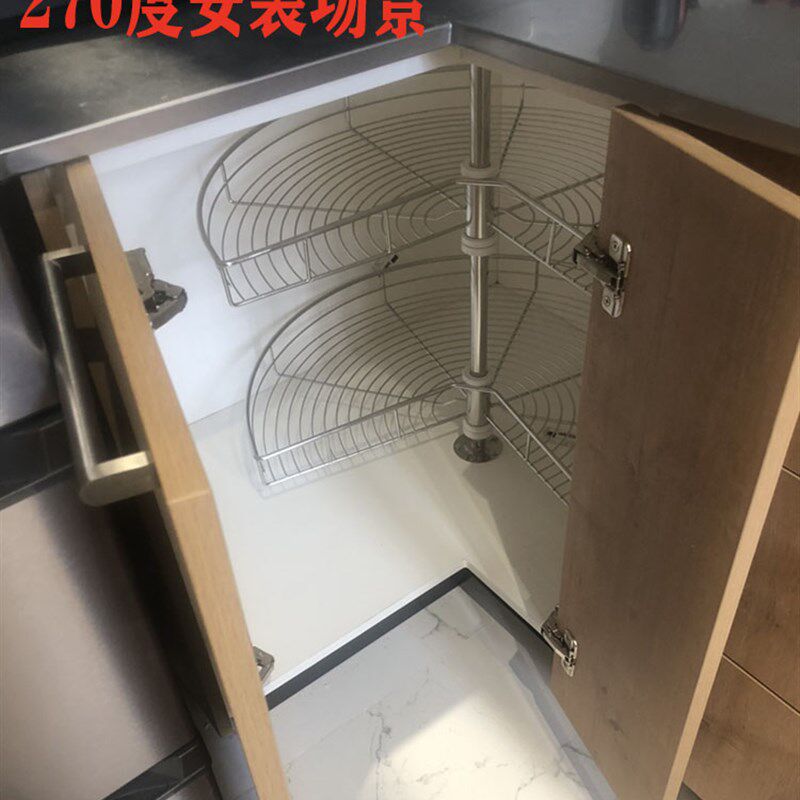 橱柜转角拉篮180度厨房270度转篮304不锈钢旋转双层置物架小怪物
