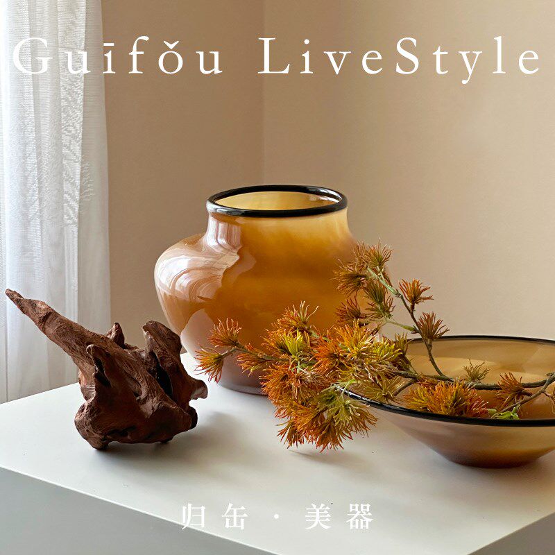 归缶特别好看的水养花瓶果盘中古琉璃样品房情绪稳定软装摆件一对