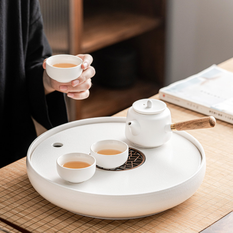 粗陶茶盘家用茶海沥水盘陶瓷圆形储水盘轻奢高档干泡茶台茶具托盘