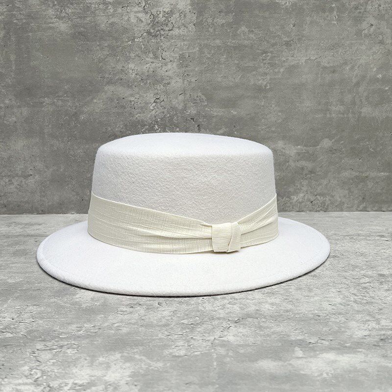 2024年秋冬新款法式米色平顶羊毛呢礼帽女百搭时尚英伦复古平沿帽