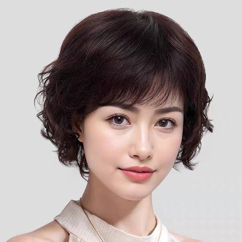 假发中老年女全头套式真发送妈妈真人发丝自然假发套女短发短卷发