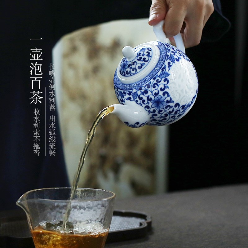 景德镇手工青花瓷茶壶 中式手绘陶瓷茶壶 家用复古泡茶壶 瓷质中