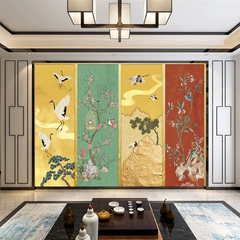 新中式工笔花鸟背景护墙板祥云白鹤电视沙发碳晶板办公室客厅墙板