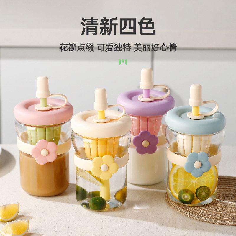 花朵杯网红颜值玻璃杯百货杯子便携礼品引流广告开业吸管杯水杯