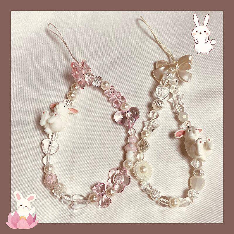 踢脚兔子短款蝴蝶结手机挂绳cdd相机挂链diy串珠手机链百搭挂饰女