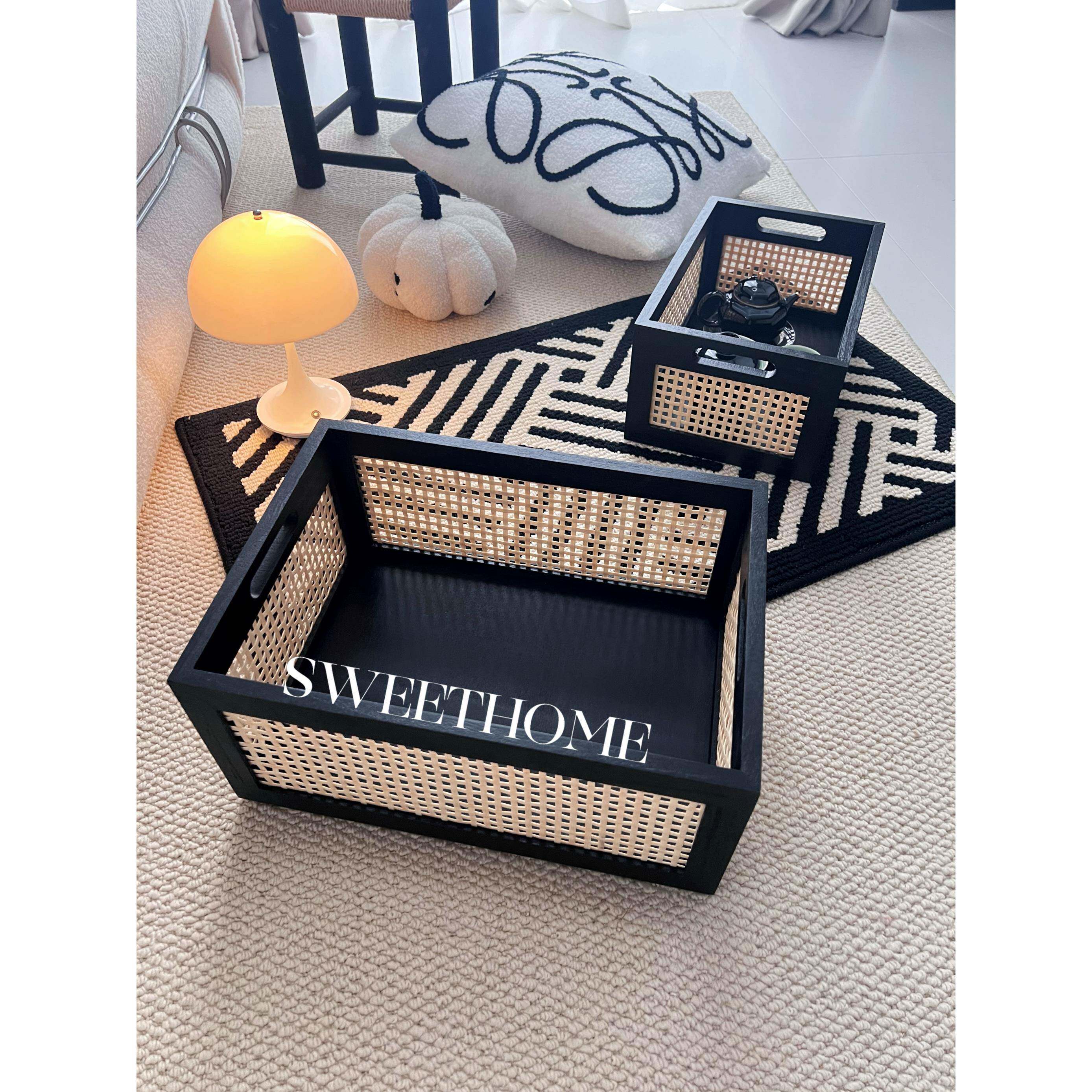 SweetHome *家居实木收纳筐黑色方形编织收纳盒家居零食杂物收纳